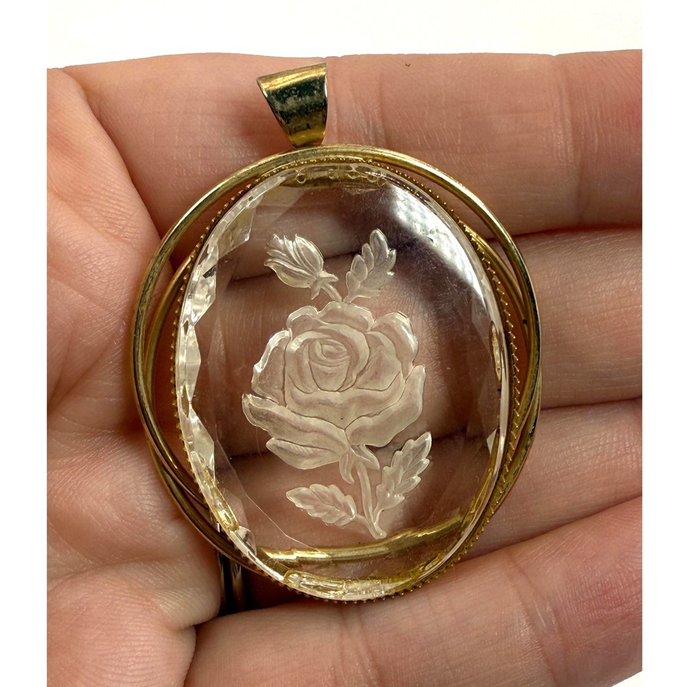 Vintage Reverse Carved Rose Crystal Pendant Gold Tone Floral Pendant